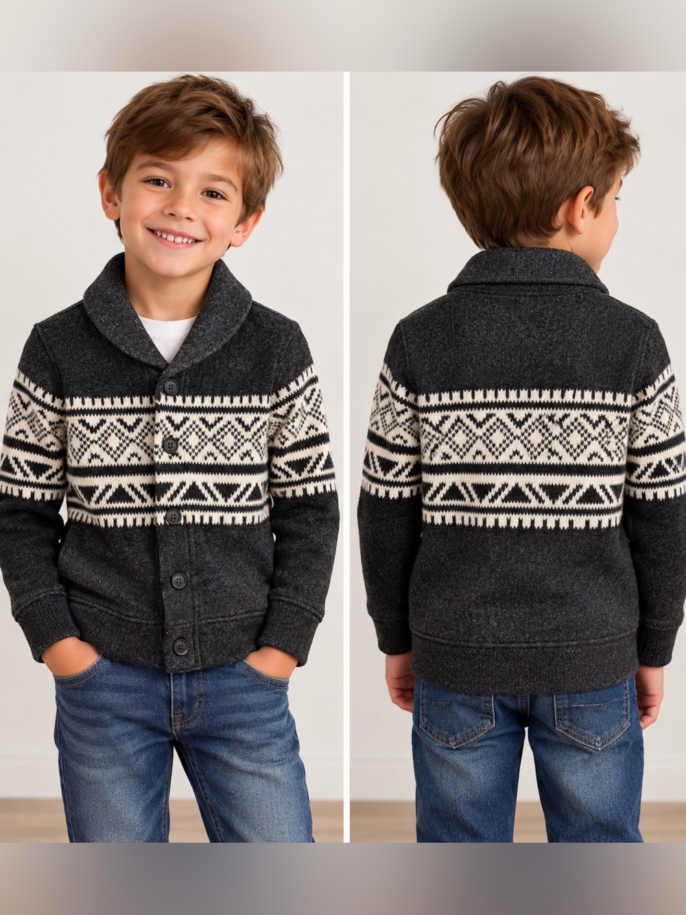 Old Navy Boys S 6-7 Fair Isle Shawl Collar Cardigan Sweater Gray Fleece Lined